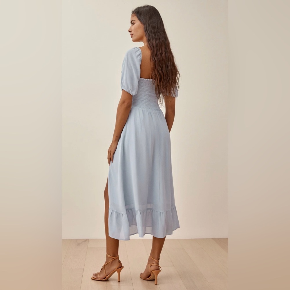 NEW Reformation Meadow Puff Sleeve Midi Dress in Mineral Blue | size S - Picture 4 of 14
